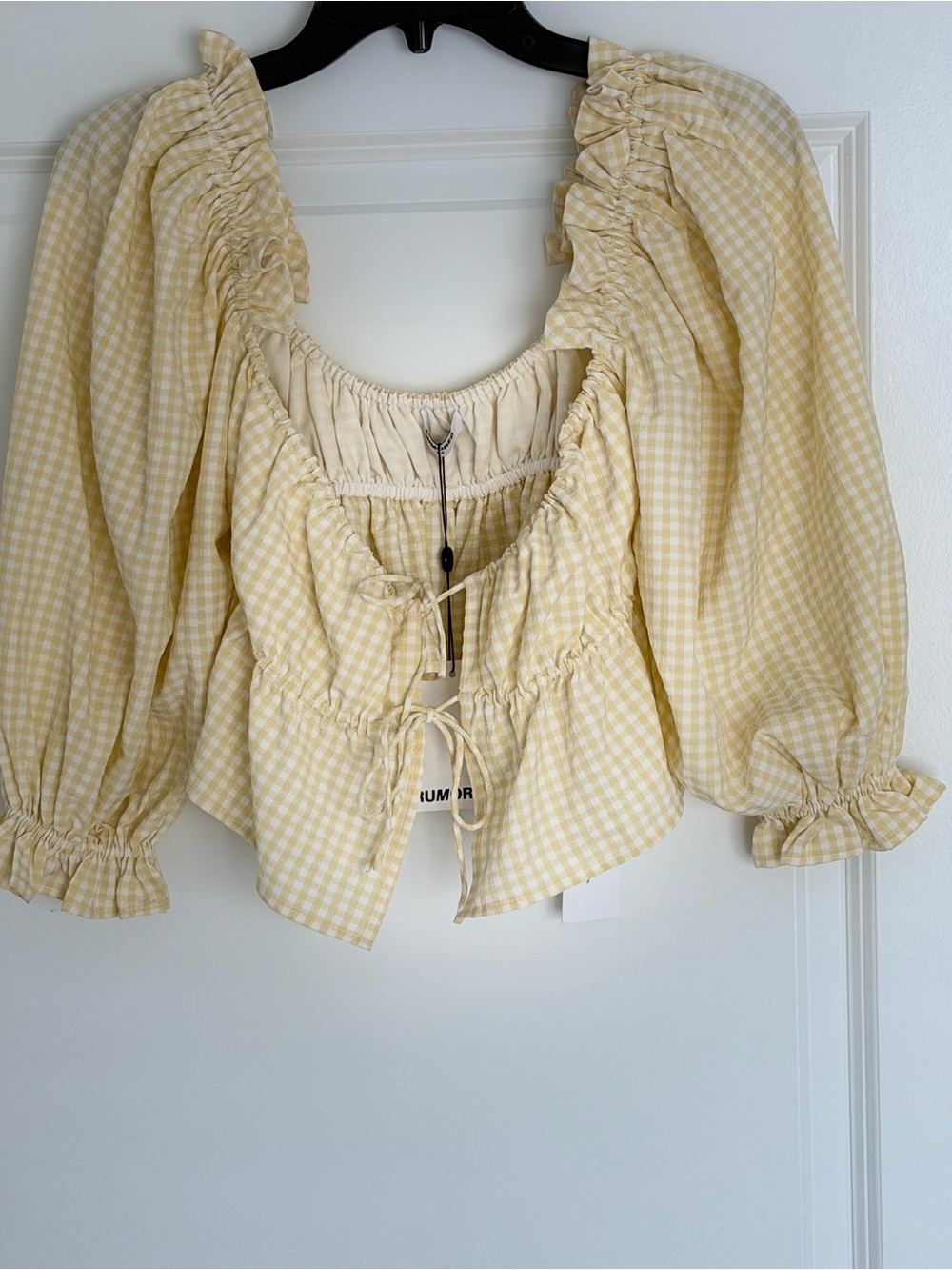 Rumored Light Yellow Gingham Peasant Blouse